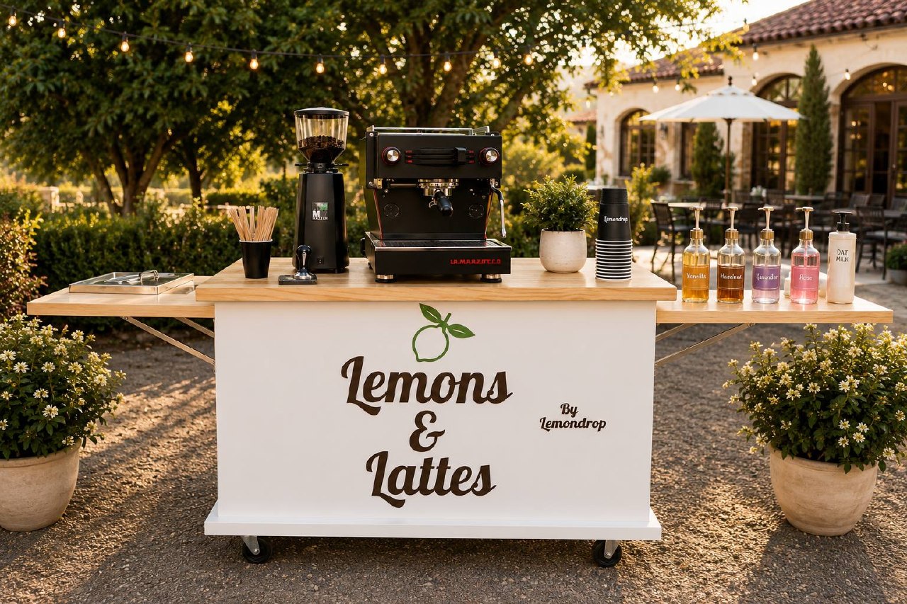 Lemons & Lattes cart set up at a villa event at golden hour